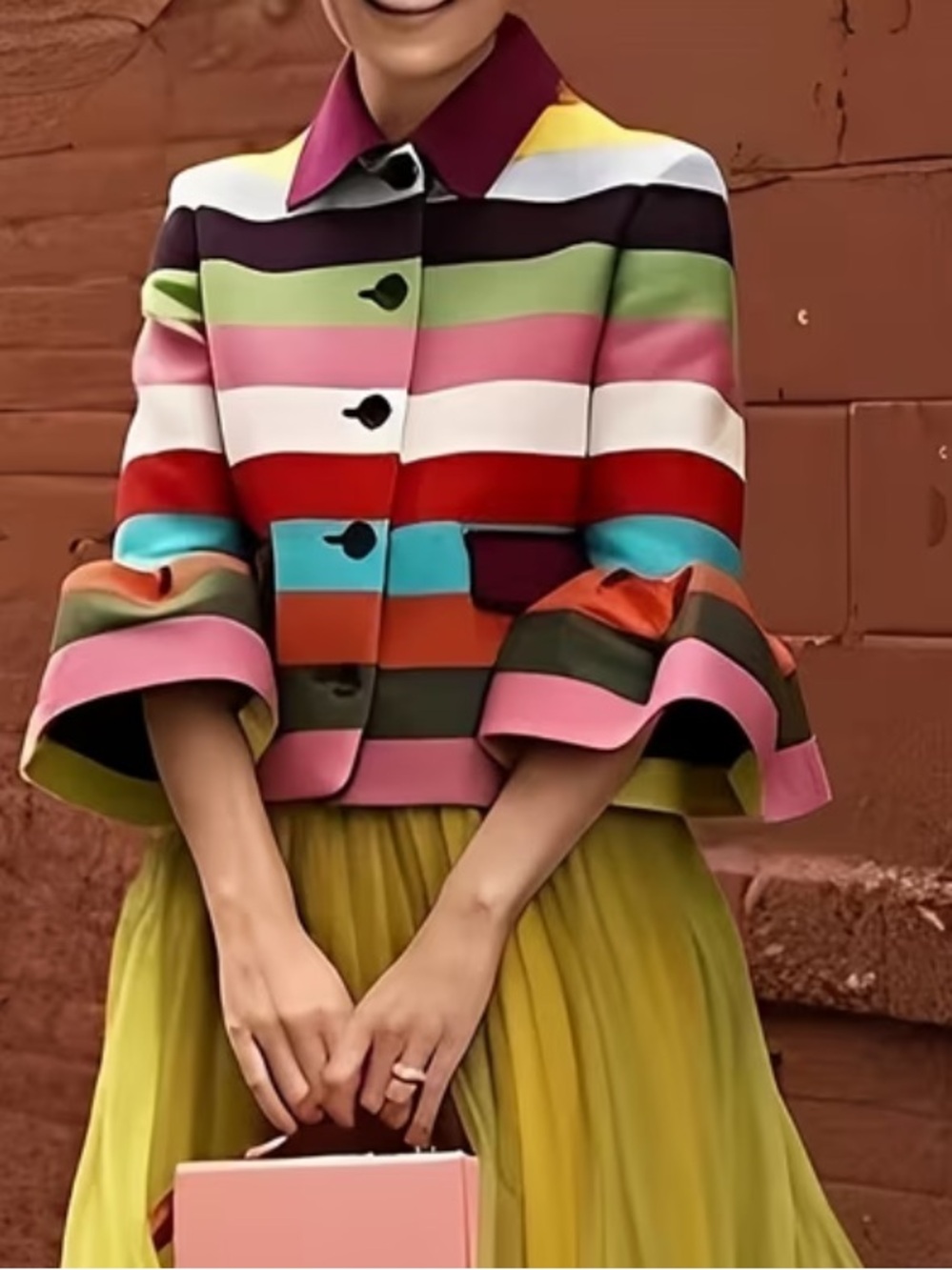 Women's Retro Multi-colored Striped Lapel Elegant Jacket with Bell Sleeves - Picture 4 of 6
